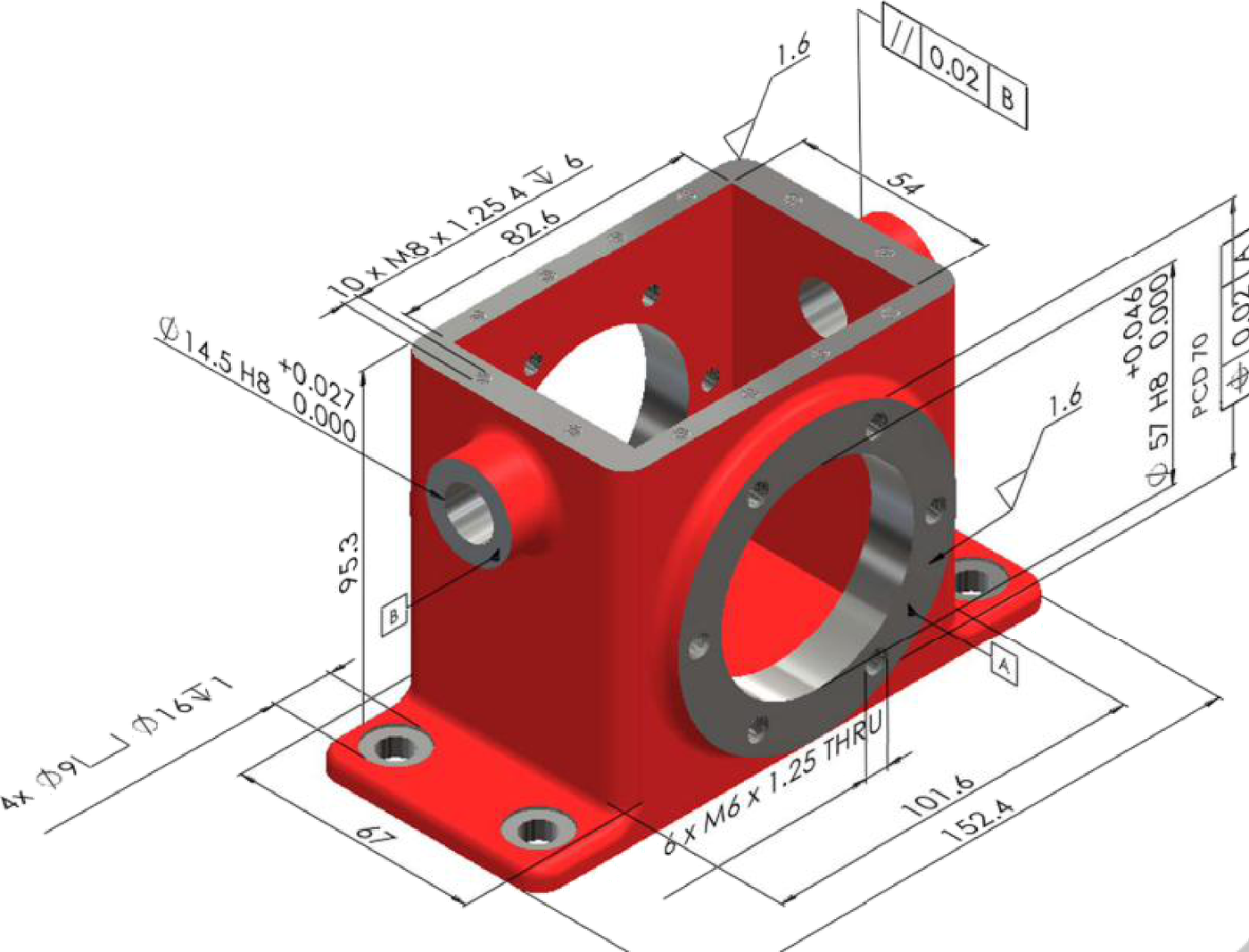 Annotated 3D model of a bearing bracket with dimensions, H8 tolerances and GD&T symbols embedded in the model.
