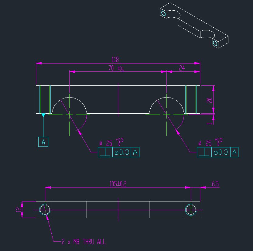 Drawing with GD&T frames and datum references applied to the model.