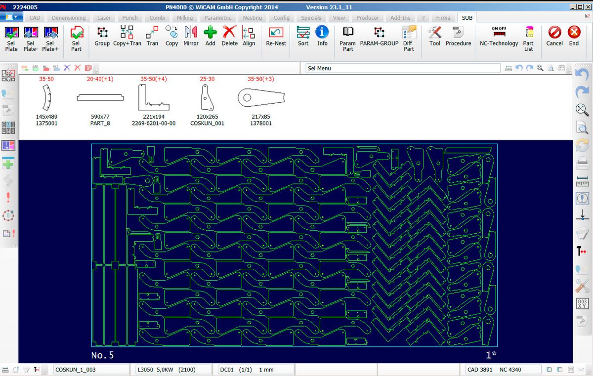 Sheet metal nesting layout prepared for laser cutting.