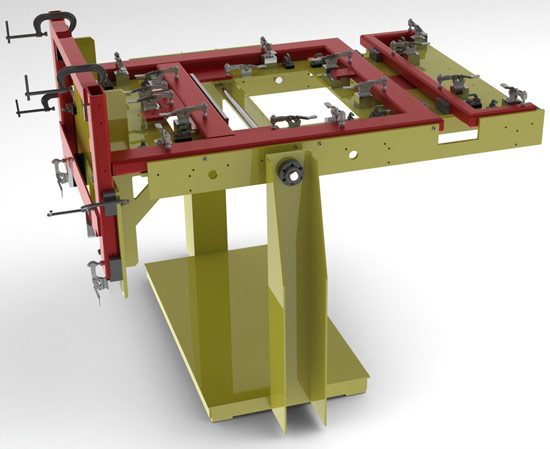 CAD assembly of a welded machine frame with clamping fixtures.
